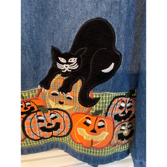 Tantrums Vintage Halloween Denim Button Up Shirt Size XL Applique Embroidered - Picture 7 of 9